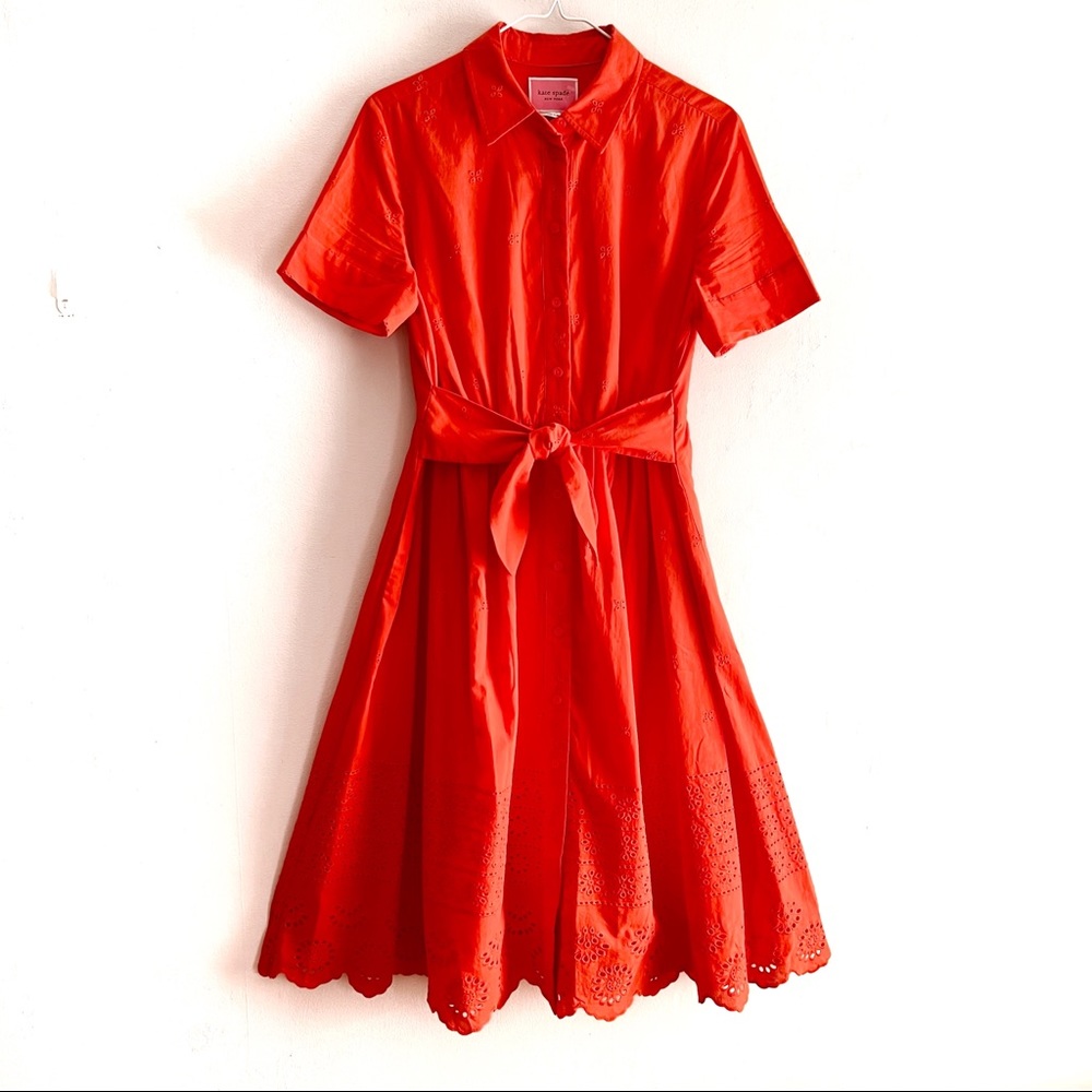 Kate Spade Eyelet Tie-Waist Shirtdress in Geranium